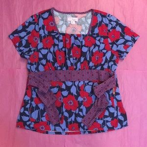 Koi Red and Blue Tie Front Short Sleeve Scrub Top